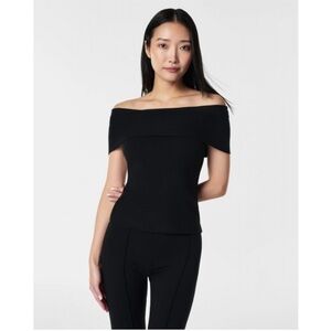 SPANX Stretch Black Off-Shoulder Ribbed Top M